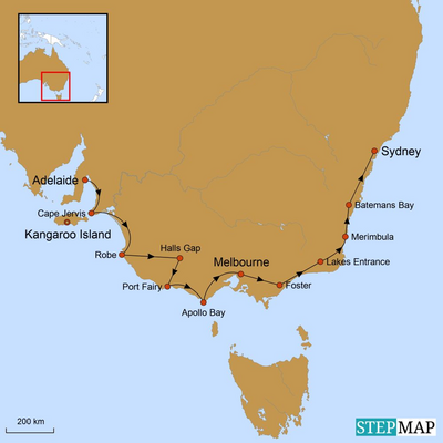 Karte mit Reiseroute zur Reise Traumhafter Süden und Sydney, Australien Mietwagenreise