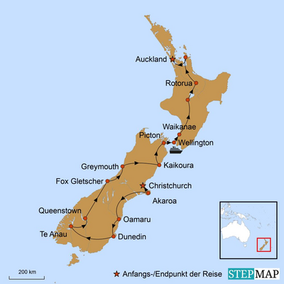 Reiseverlauf, Neuseeland, Mietwagenreise