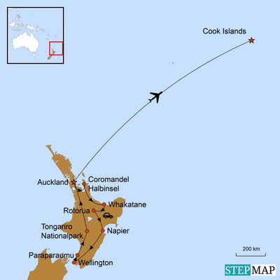 Reiseverlauf, Höhepunkte der Nordinsel und Südseetraum Cook Islands, Neuseeland Südsee Reise