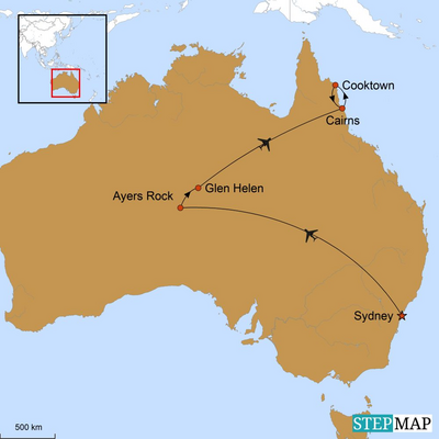 Karte, Reiseverlauf, Australische Ikonen, Australien Reise