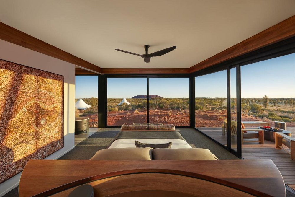 Schlafzimmer, Dune Pavilion, Longitude 131°, Ayers Rock, Australien Rundreise