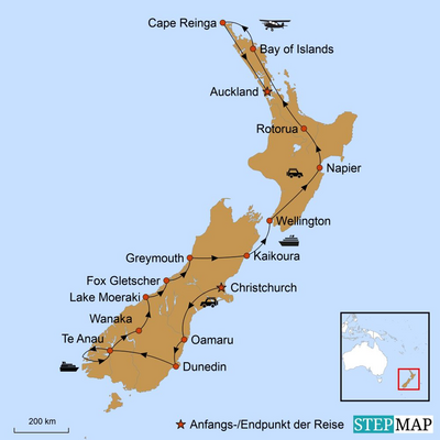 Reiseverlauf, Ultimative Höhepunkte Neuseelands, Neuseeland Luxusreise, Karte