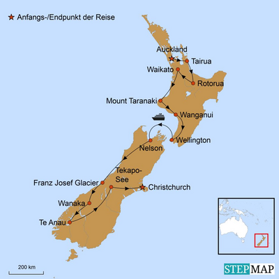Reiseroute, Die Naturwunder Neuseelands, Neuseeland Privatreise